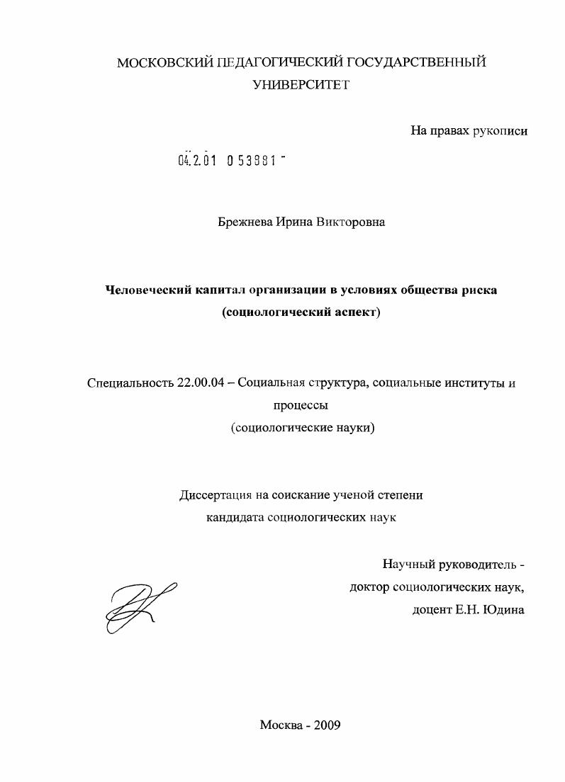 Человеческий капитал организации в условиях общества риска : социологический аспект