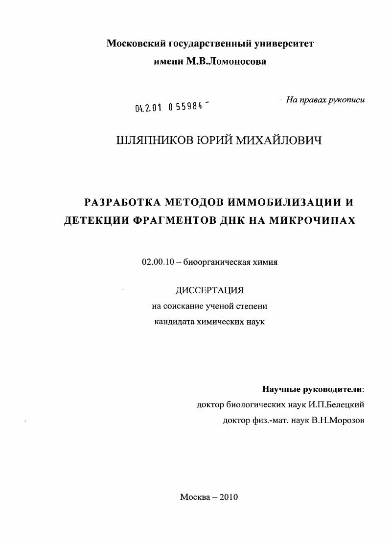 Разработка методов иммобилизации и детекции фрагментов ДНК на микрочипах