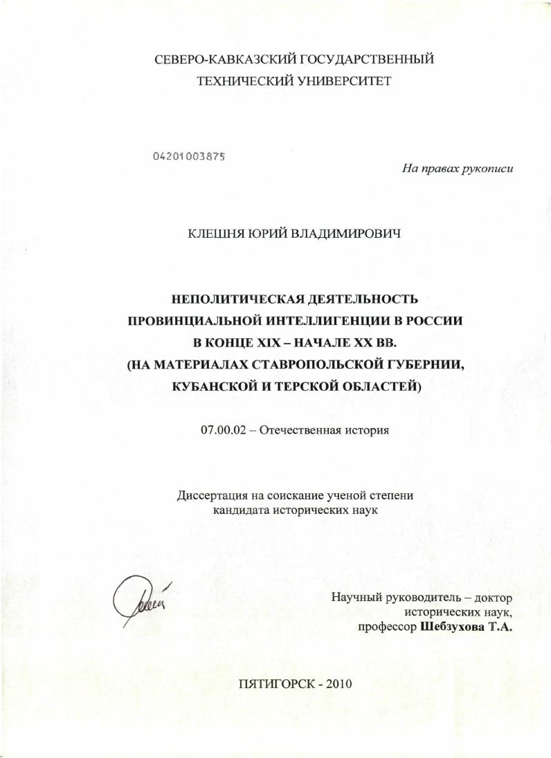 Неполитическая деятельность провинциальной интеллигенции в России в конце XIX - начале XX вв. : на материалах Ставропольской губернии, Кубанской и Терской областей