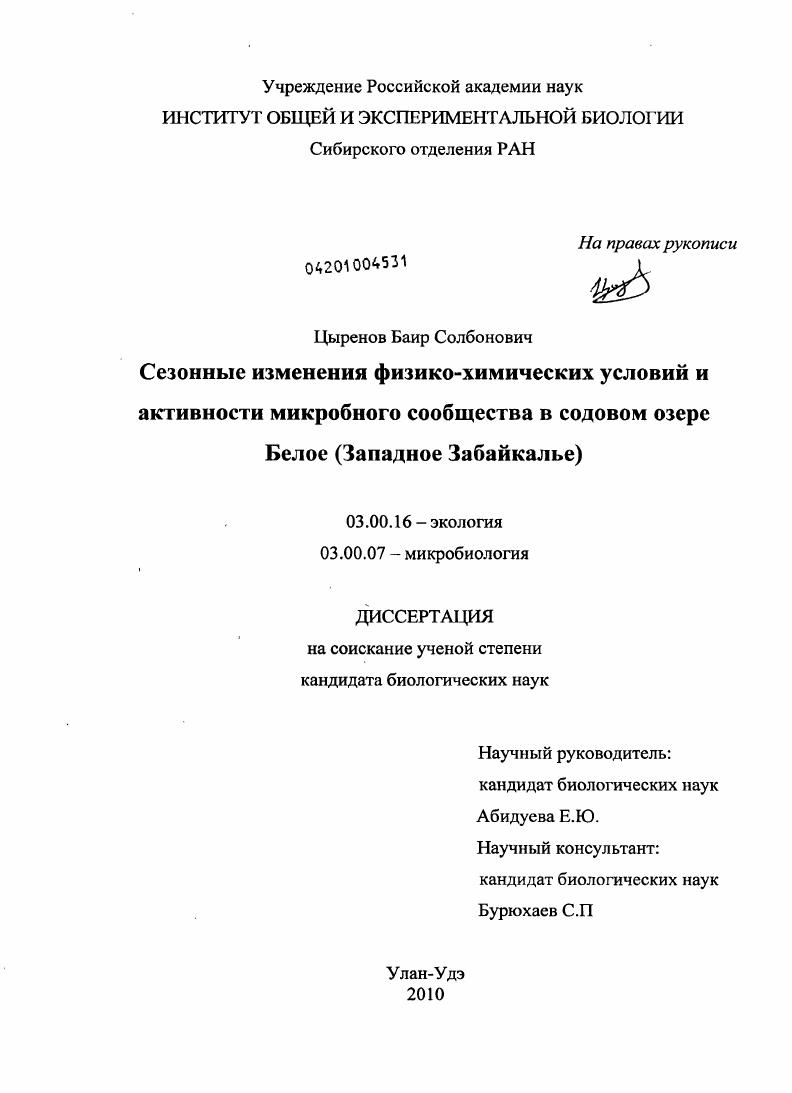 Сезонные изменения физико-химических условий и активности микробного сообщества в содовом озере Белое : Западное Забайкалье