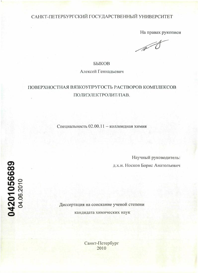 Поверхностная вязкоупругость растворов комплексов полиэлектролит/ПАВ