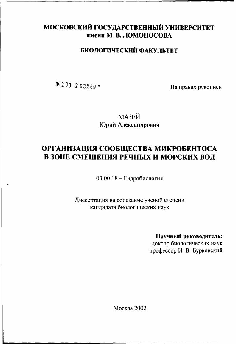 Организация сообщества микробентоса в зоне смешения речных и морских вод