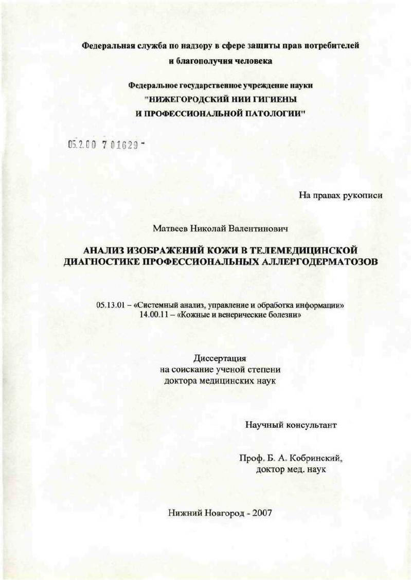 скачать диссертацию Анализ изображений кожи в телемедицинской диагностике профессиональных аллергодерматозов Анализ изображений кожи в телемедицинской диагностике профессиональных аллергодерматозов