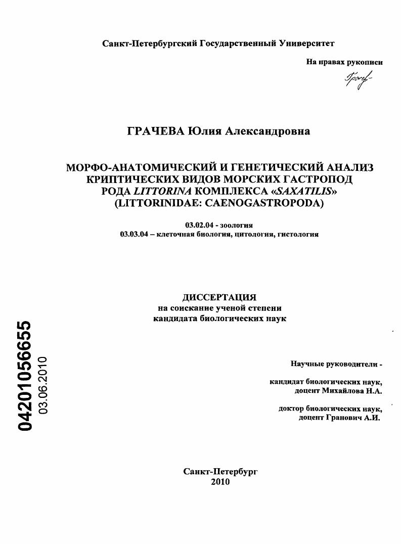 Морфо-анатомический и генетический анализ криптических видов морских гастропод рода Littorina комплекса "saxatilis" : Littorinidae: Caenogastropoda