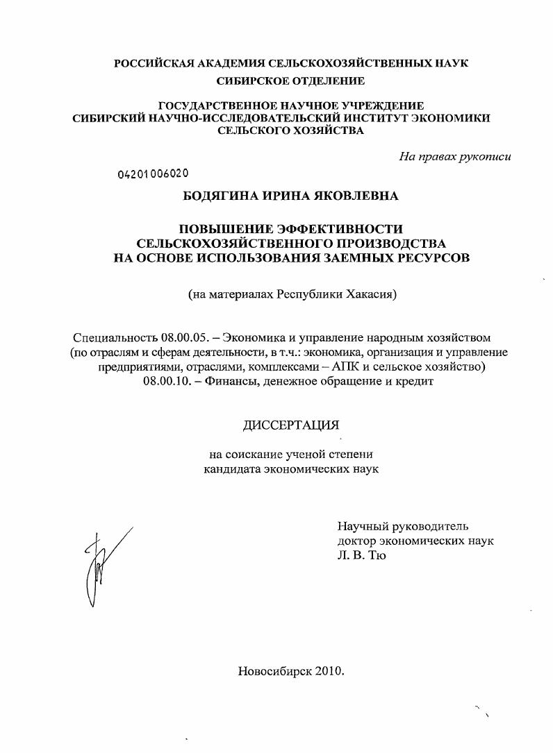 Повышение эффективности сельскохозяйственного производства на основе использования заемных ресурсов : на материалах Республики Хакасия