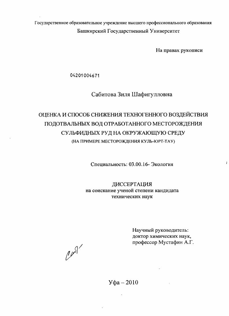 Оценка и способ снижения техногенного воздействия подотвальных вод отработанного месторождения сульфидных руд на окружающую среду : на примере месторождения Куль-Юрт-Тау