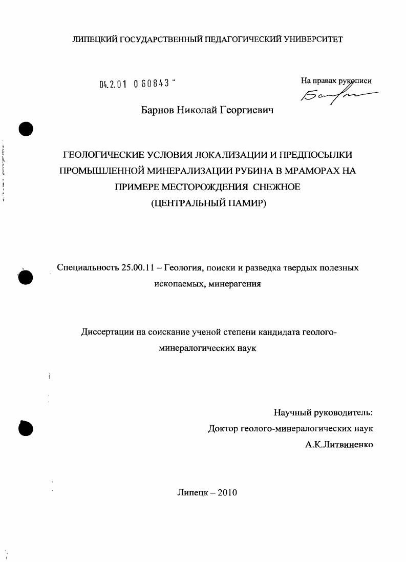 Геологические условия локализации и предпосылки промышленной минерализации рубина в мраморах на примере месторождения Снежное : Центральный Памир