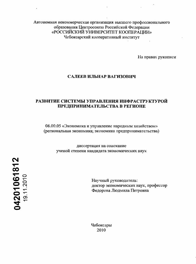 скачать диссертацию Развитие системы управления инфраструктурой предпринимательства в регионе Развитие системы управления инфраструктурой предпринимательства в регионе