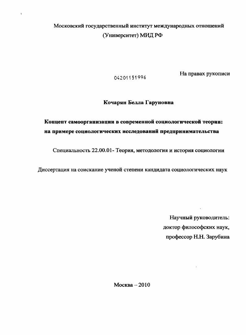 Концепт самоорганизации в современной социологической теории: на примере социологических исследований предпринимательства