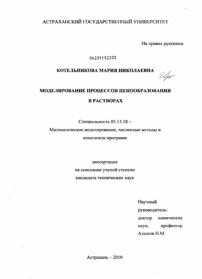 Моделирование процессов пенообразования в растворах