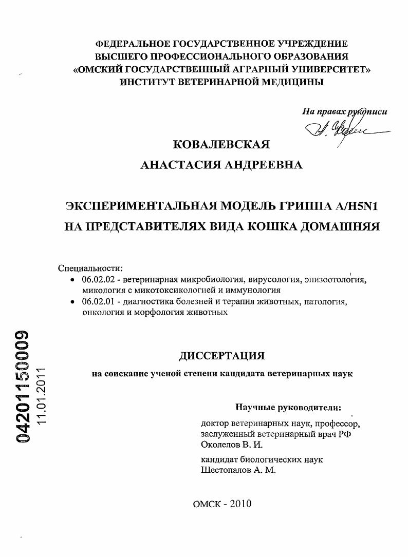Экспериментальная модель гриппа A/H5N1 на представителях вида кошка домашняя