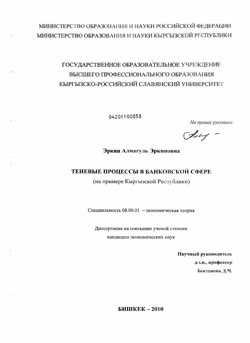 Теневые процессы в банковской сфере : на примере Кыргызской Республики
