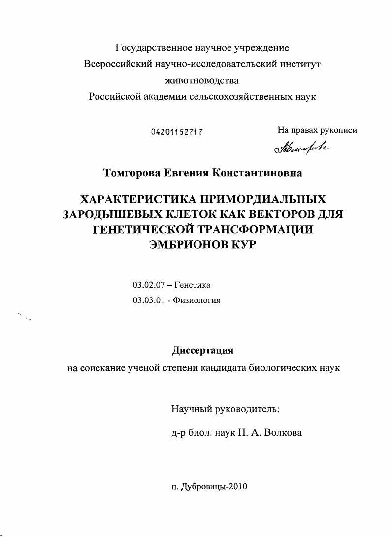 Характеристика примордиальных зародышевых клеток как векторов для генетической трансформации эмбрионов кур