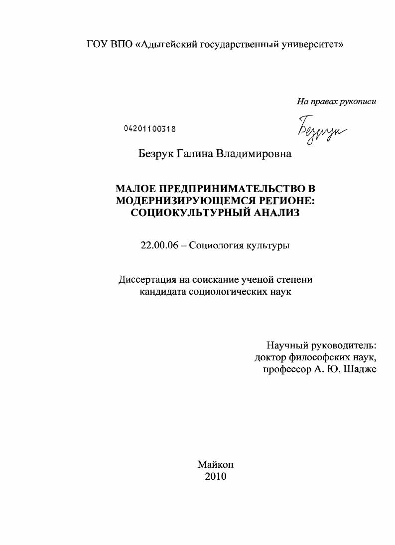 Малое предпринимательство в модернизирующемся регионе : социокультурный анализ