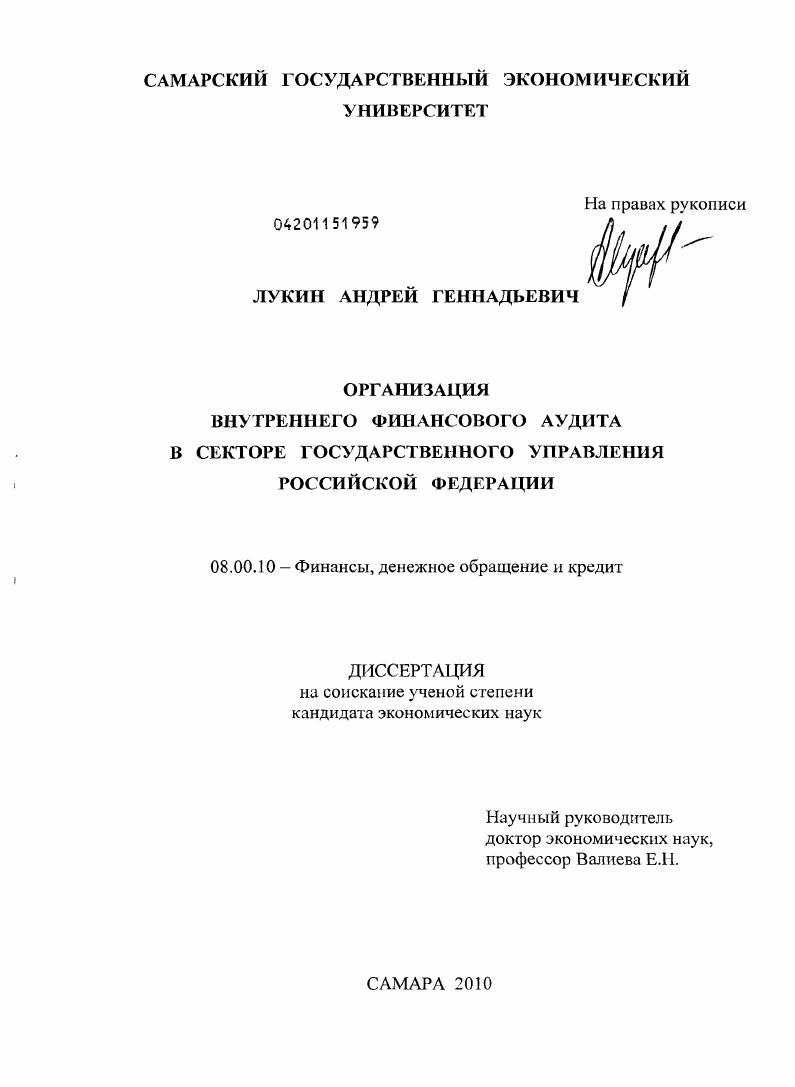 скачать диссертацию Организация внутреннего финансового аудита в секторе государственного управления Российской Федерации Организация внутреннего финансового аудита в секторе государственного управления Российской Федерации