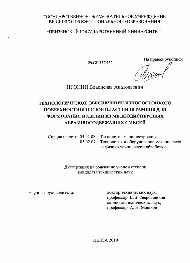 Технологическое обеспечение износостойкого поверхностного слоя пластин штампов для формования изделий из мелкодисперсных абразивосодержащих смесей