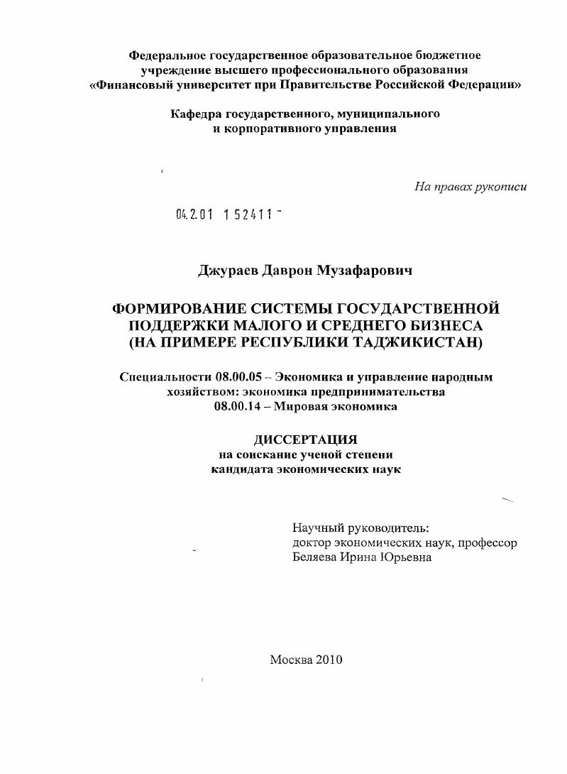 Формирование системы государственной поддержки малого и среднего бизнеса : на примере Республики Таджикистан