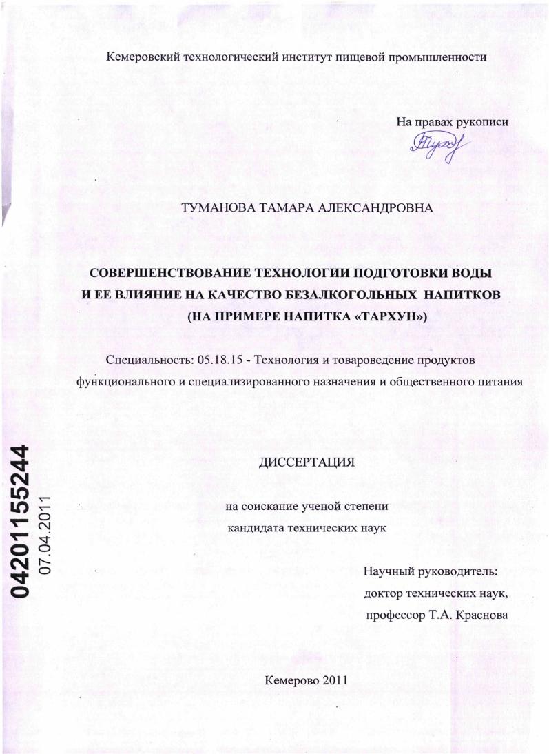 Совершенствование технологии подготовки воды и ее влияние на качество безалкогольных напитков : на примере напитка "Тархун"