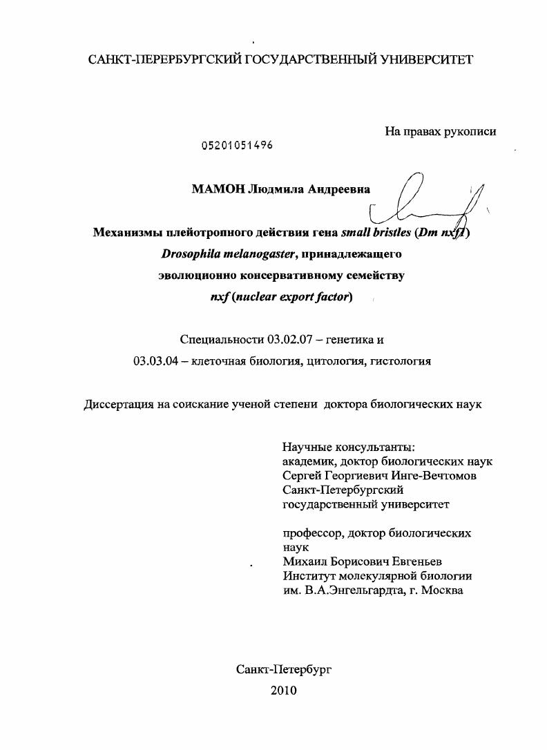 Механизмы плейотропного действия гена small bristles (Dm nxfl) Drosophila melanogaster, принадлежащего эволюционно консервативному семейству nxf (nuclear export factor)