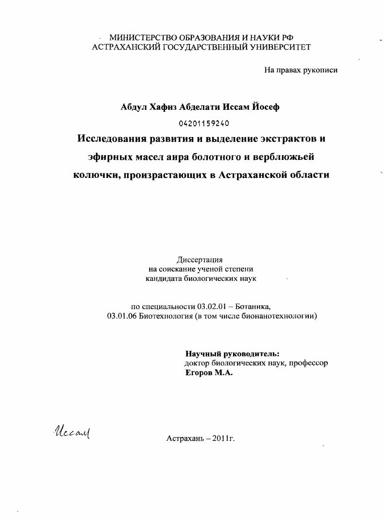 Исследования развития и выделение экстрактов и эфирных масел аира болотного и верблюжьей колючки, произрастающих в Астраханской области
