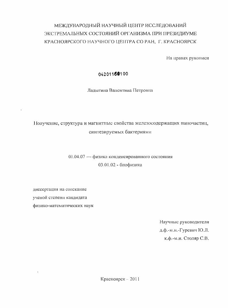 скачать диссертацию Получение, структура и магнитные свойства железосодержащих наночастиц, синтезируемых бактериями Получение, структура и магнитные свойства железосодержащих наночастиц, синтезируемых бактериями