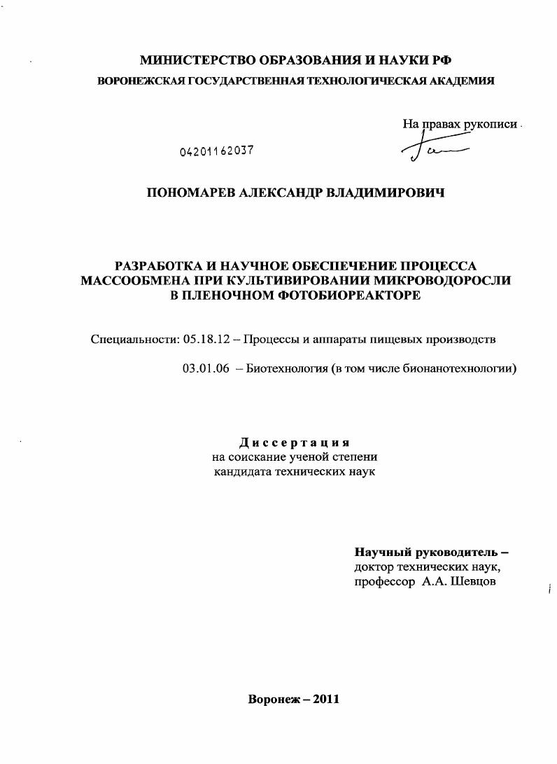 Разработка и научное обеспечение процесса массообмена при культивировании микроводоросли в пленочном фотобиореакторе