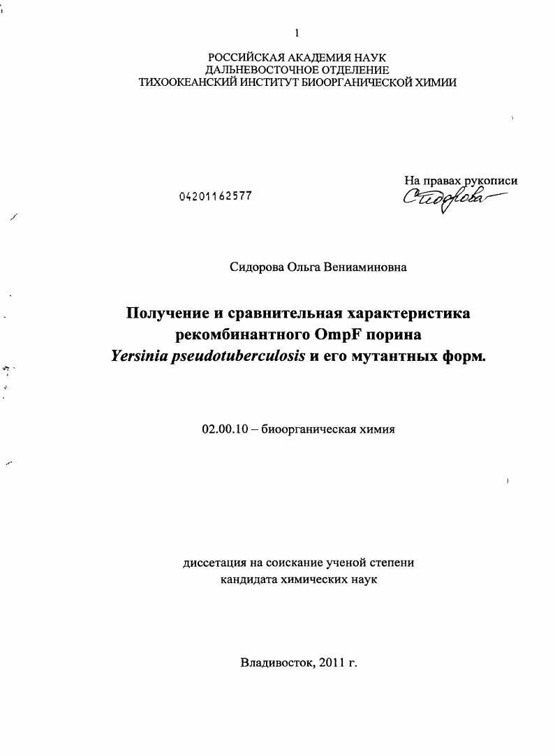 Получение и сравнительная характеристика рекомбинантного OmpF порина Yersinia pseudotuberculosis и его мутантных форм