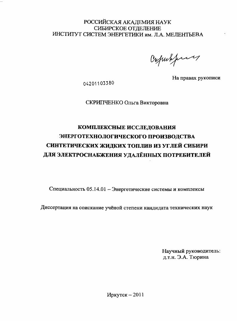 Комплексные исследования энерготехнологического производства синтетических жидких топлив из углей Сибири для электроснабжения удалённых потребителей