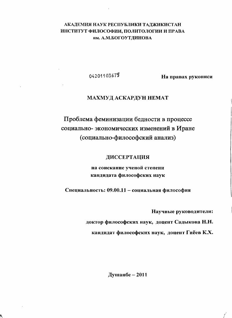 Проблема феминизации бедности в процессе социально-экономических изменений в Исламской Республике Иран : социально-философский анализ