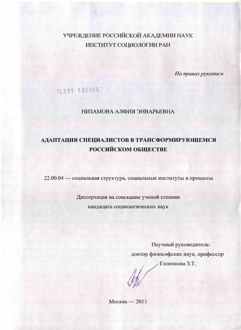 скачать диссертацию Адаптация специалистов в трансформирующемся российском обществе Адаптация специалистов в трансформирующемся российском обществе
