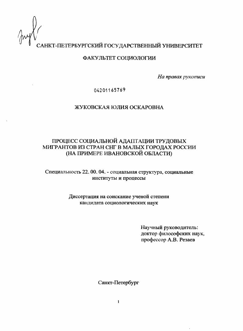 Процесс социальной адаптации трудовых мигрантов из стран СНГ в малых городах России : на примере Ивановской области