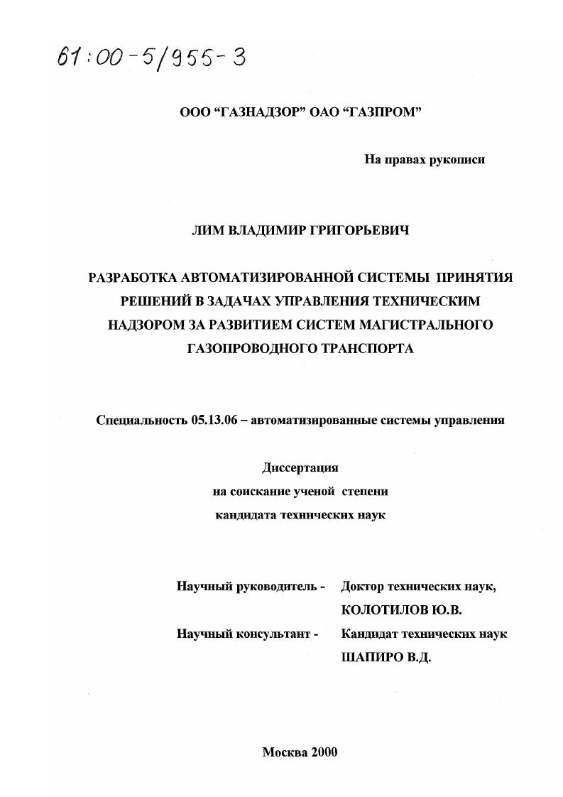 Разработка автоматизированной системы принятия решений в задачах управления техническим надзором за развитием систем магистрального газопроводного транспорта