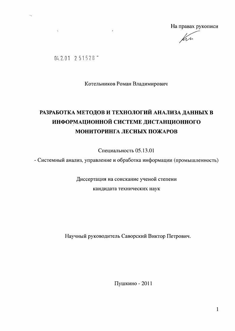 Разработка методов и технологий анализа данных в информационной системе дистанционного мониторинга лесных пожаров