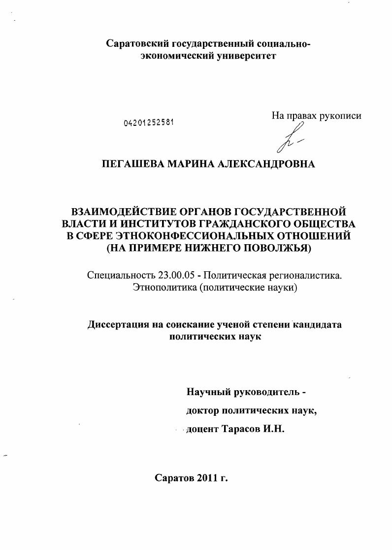 Взаимодействие органов государственной власти и институтов гражданского общества в сфере этноконфессиональных отношений : на примере Нижнего Поволжья