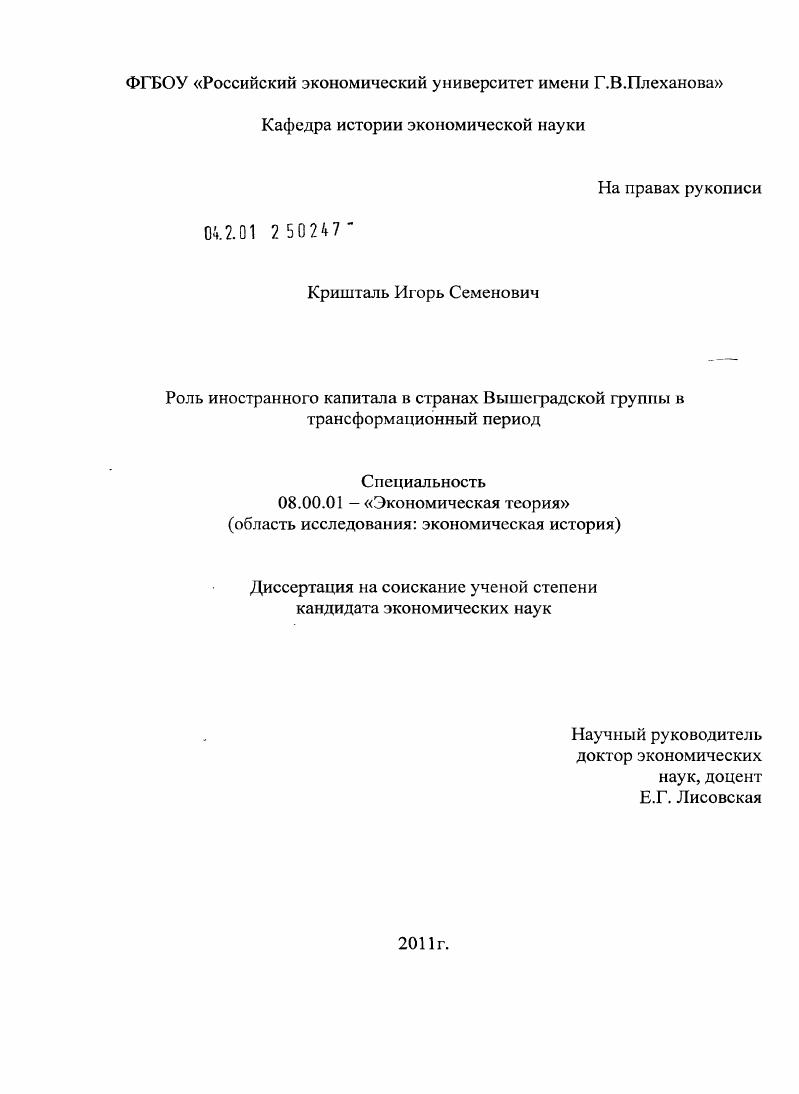 Роль иностранного капитала в странах Вышеградской группы в трансформационный период