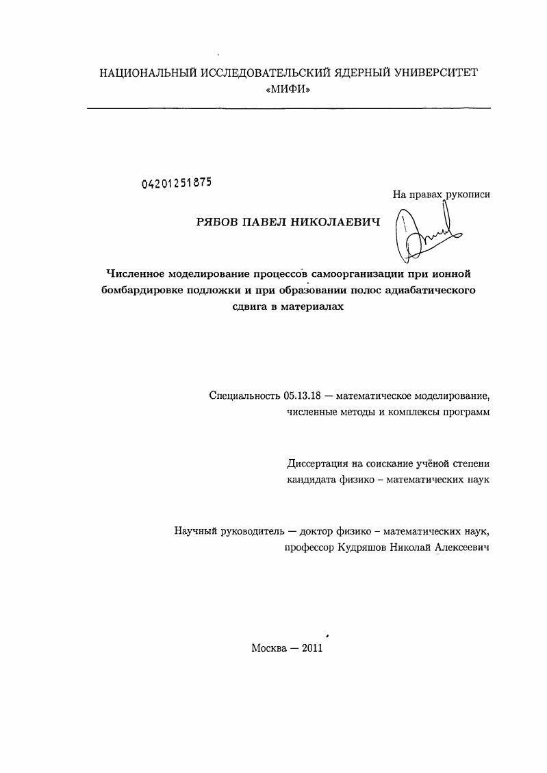 скачать диссертацию Численное моделирование процессов самоорганизации при ионной бомбардировке подложки и при образовании полос адиабатического сдвига в материалах Численное моделирование процессов самоорганизации при ионной бомбардировке подложки и при образовании полос адиабатического сдвига в материалах