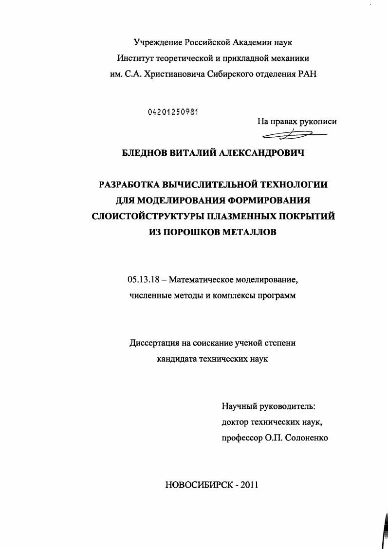 Разработка вычислительной технологии для моделирования формирования слоистой структуры плазменных покрытий из порошков металлов