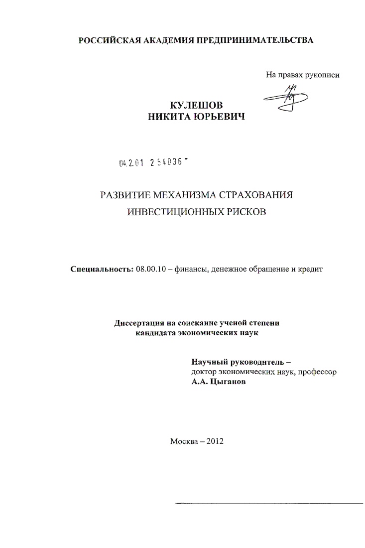 скачать диссертацию Развитие механизма страхования инвестиционных рисков Развитие механизма страхования инвестиционных рисков