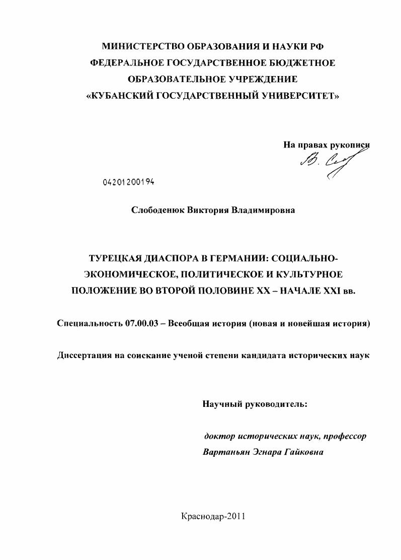 Турецкая диаспора в Германии: социально-экономическое, политическое и культурное положение во второй половине XX - начале XXI вв.