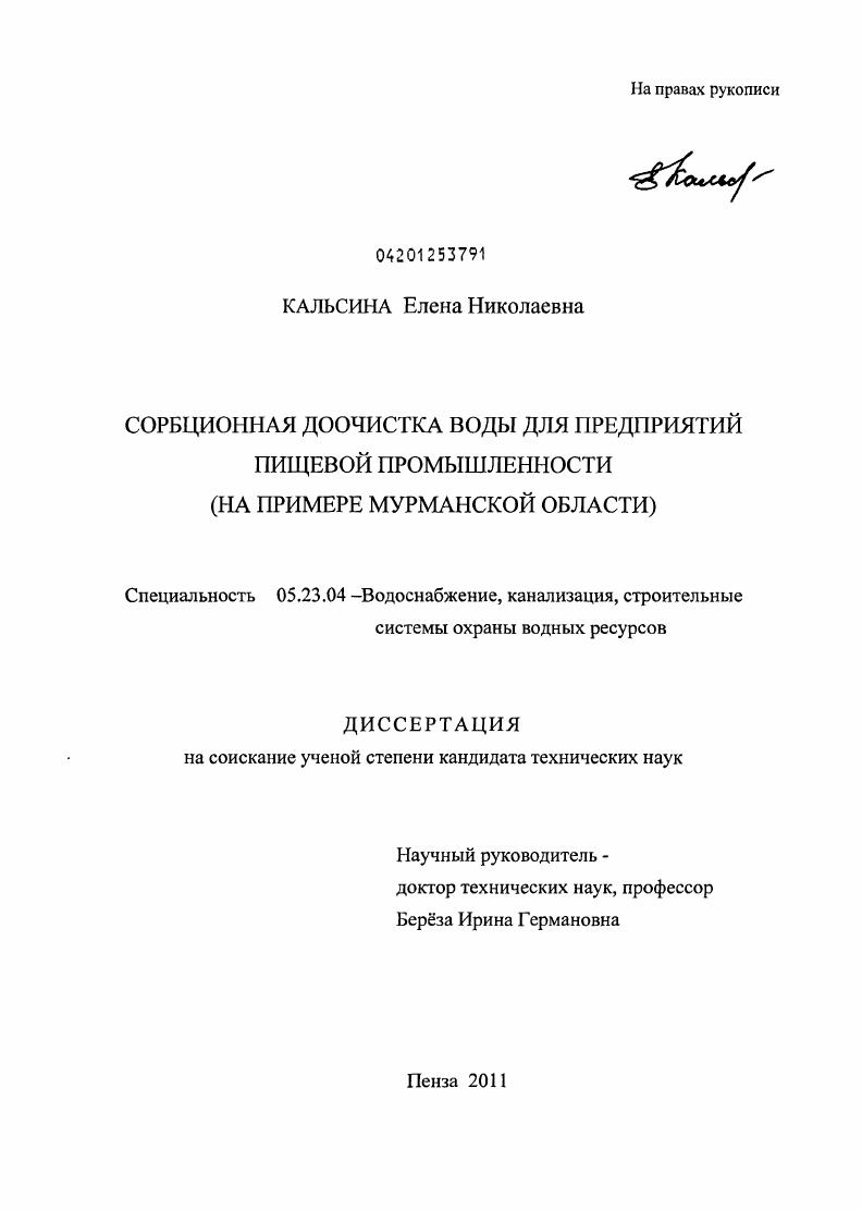 скачать диссертацию Сорбционная доочистка воды для предприятий пищевой промышленности : на примере Мурманской области Сорбционная доочистка воды для предприятий пищевой промышленности : на примере Мурманской области