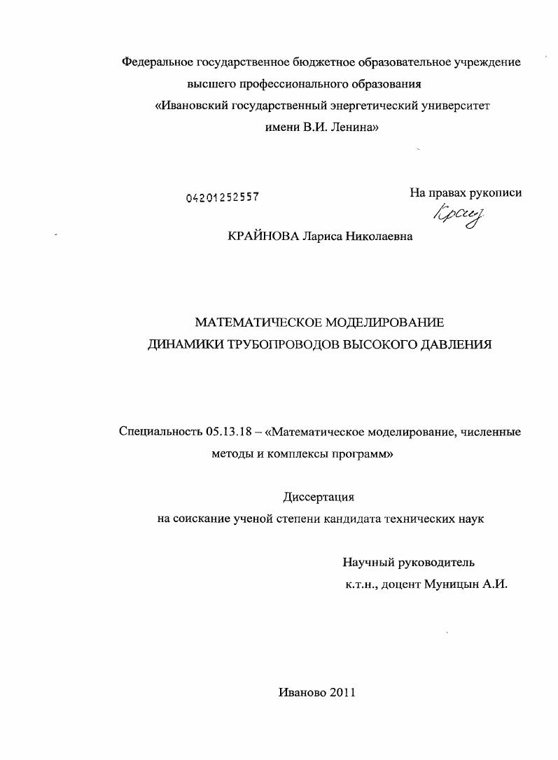 Математическое моделирование динамики трубопроводов высокого давления