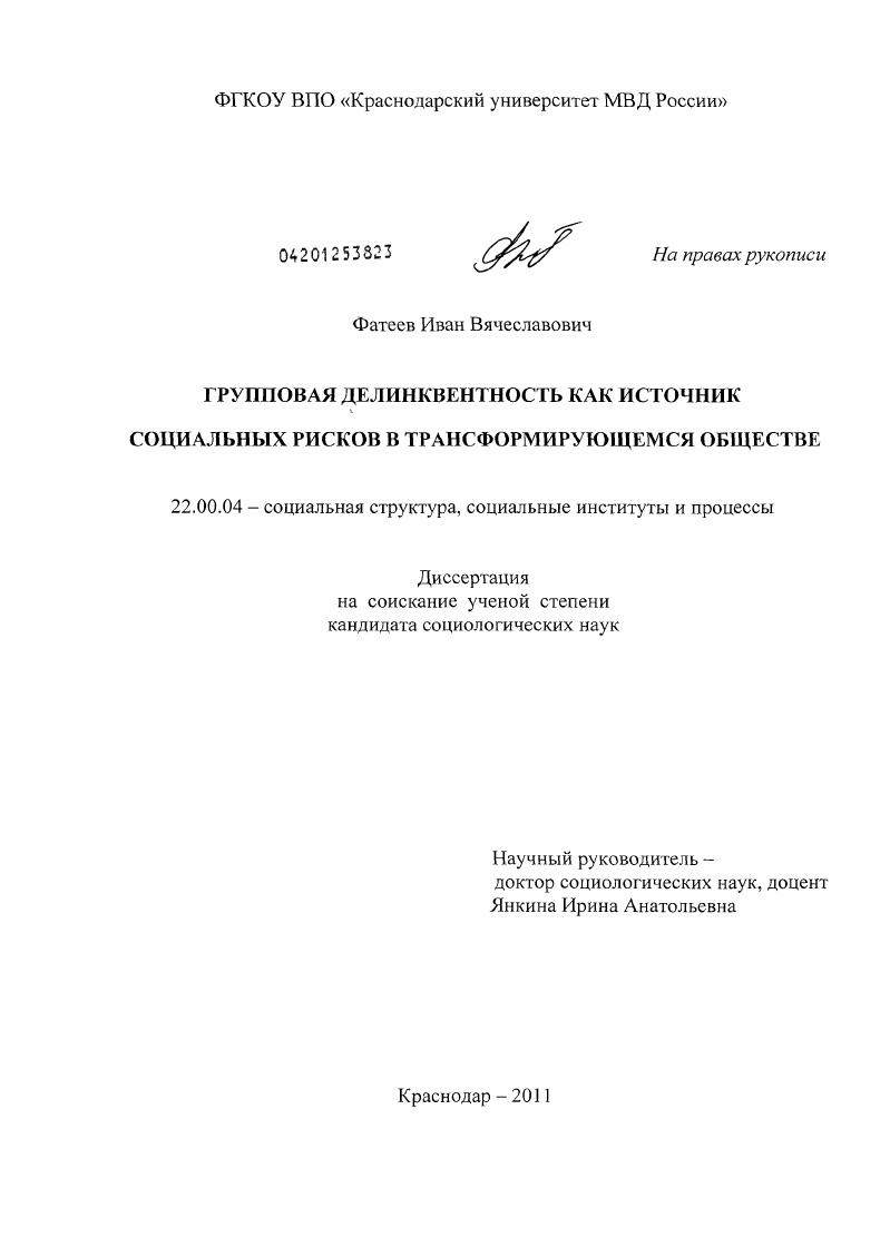 скачать диссертацию Групповая делинквентность как источник социальных рисков в трансформирующемся обществе Групповая делинквентность как источник социальных рисков в трансформирующемся обществе