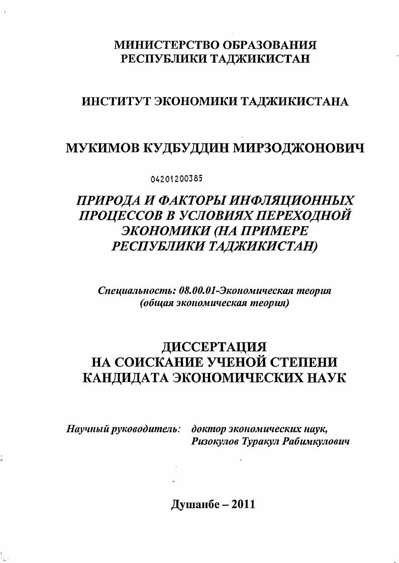 Природа и факторы инфляционных процессов в условиях переходной экономики : на примере Республики Таджикистан