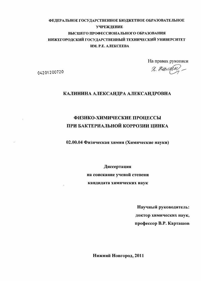 Физико-химические процессы при бактериальной коррозии цинка