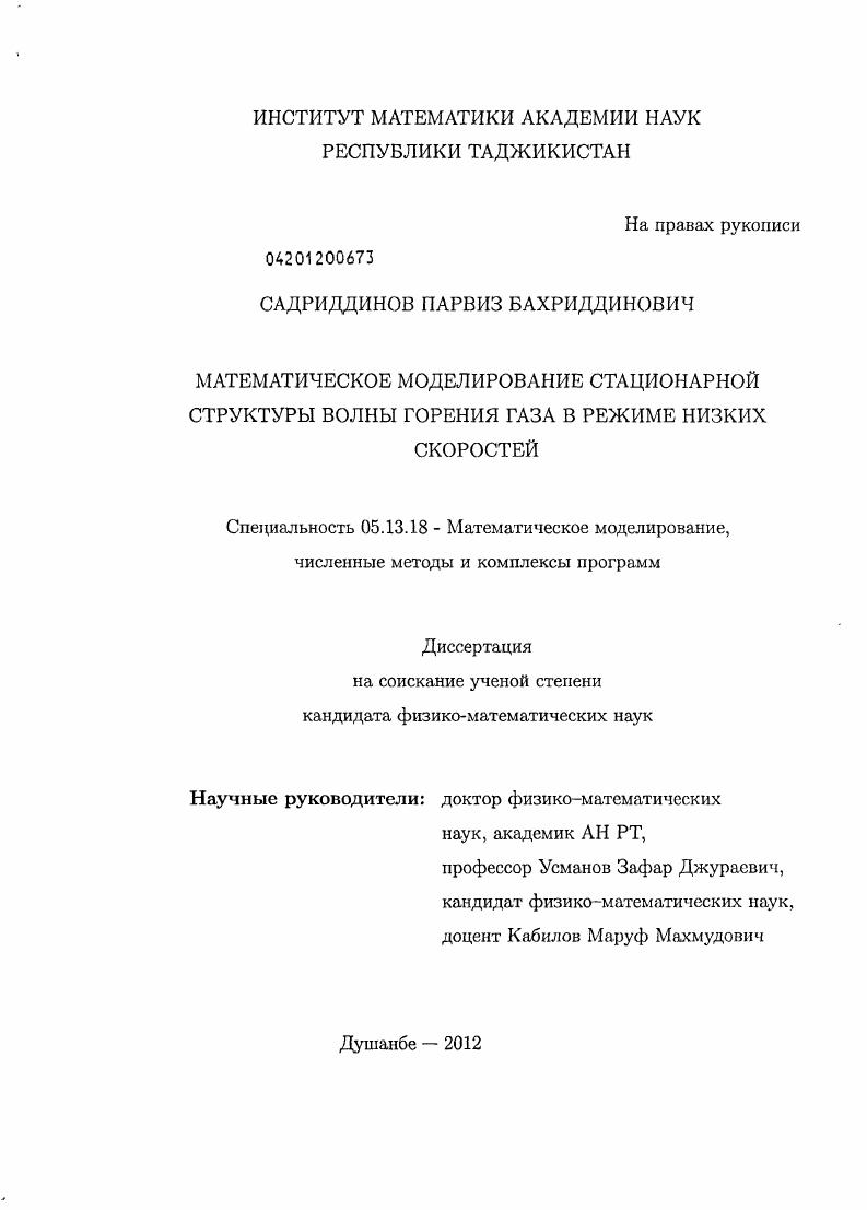 Математическое моделирование стационарной структуры волны горения газа в режиме низких скоростей