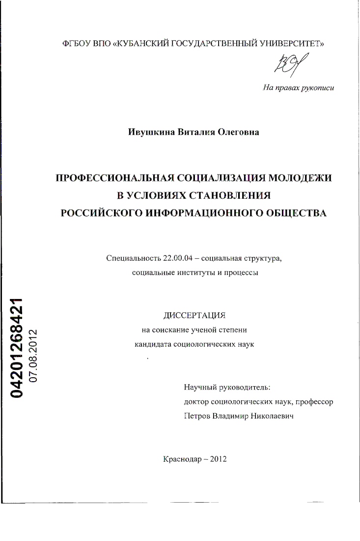 Профессиональная социализация молодежи в условиях становления российского информационного общества