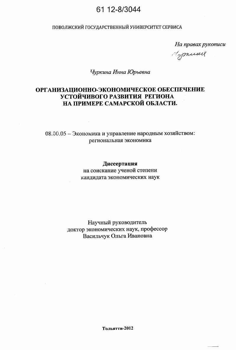 Организационно-экономическое обеспечение устойчивого развития региона : на примере Самарской области