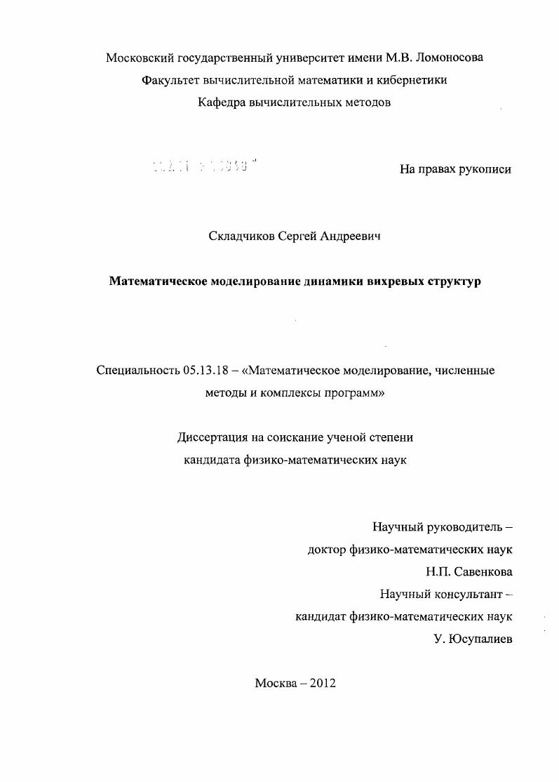 скачать диссертацию Математическое моделирование динамики вихревых структур Математическое моделирование динамики вихревых структур