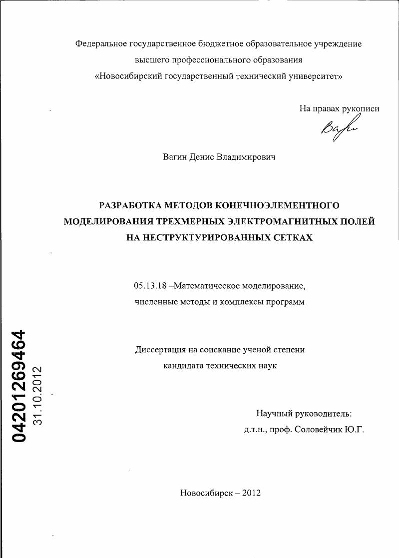Разработка методов конечноэлементного моделирования трехмерных электромагнитных полей на неструктурированных сетках