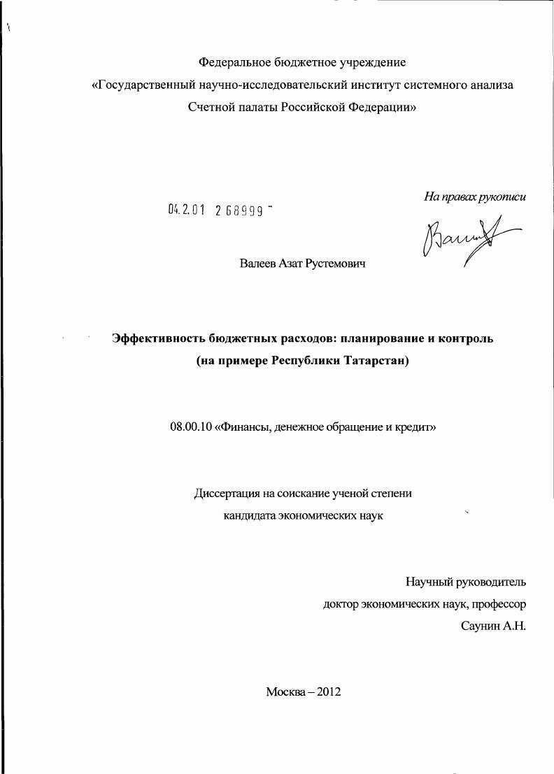 Эффективность бюджетных расходов: планирование и контроль : на примере Республики Татарстан